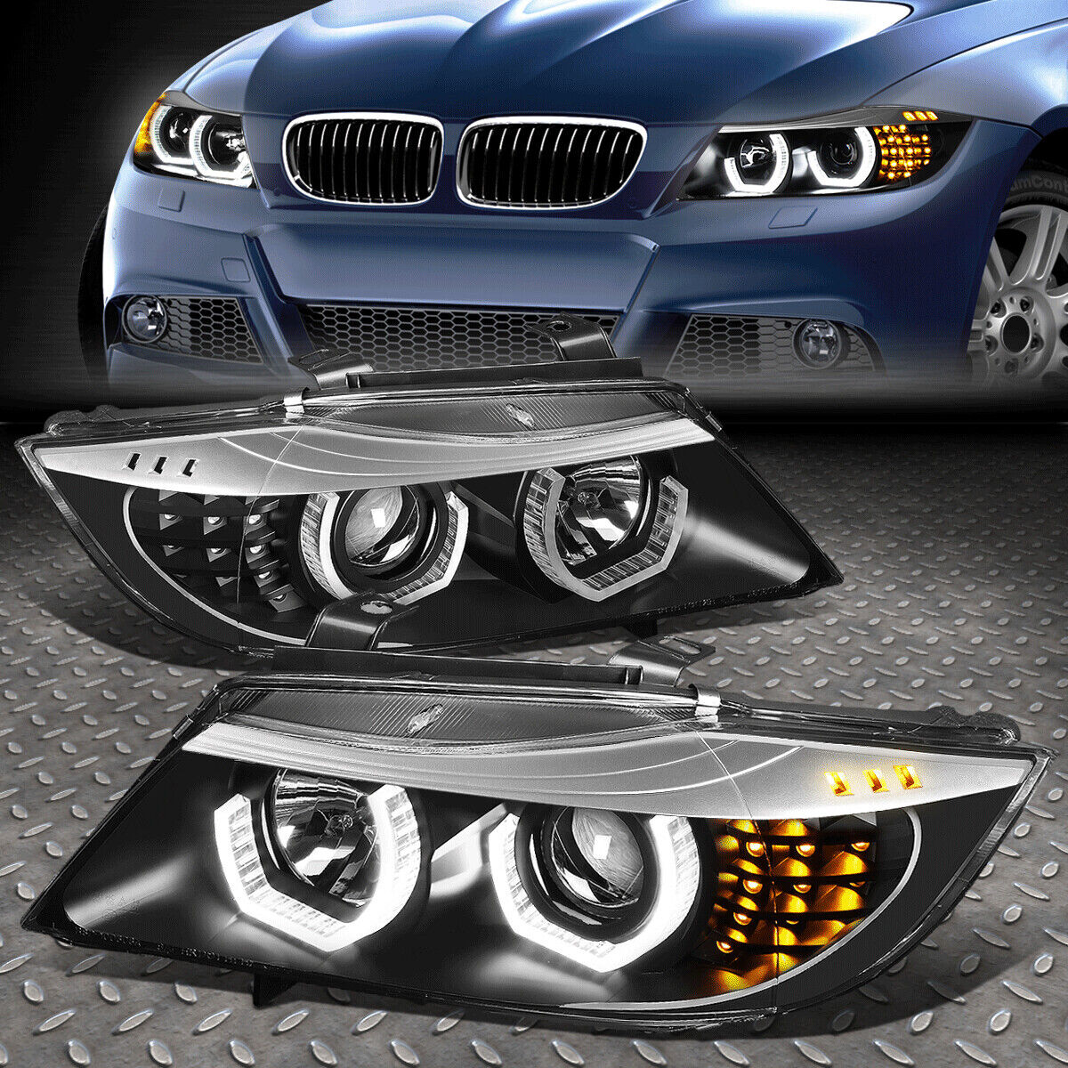 [LED U-HALO]FOR 05-08 BMW 3-SERIES E90 BLACK HOUSING PROJECTOR HEADLIGHT LAMPS