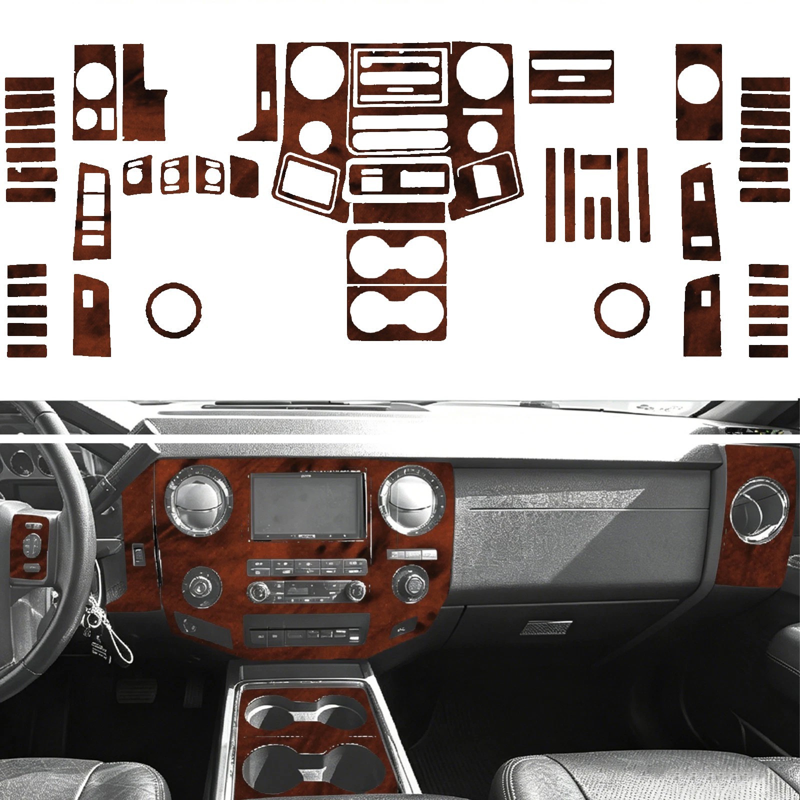 62Pcs Wood Grain Brown Full Interior Trim Kits For Ford F250/350/450/550/650/750
