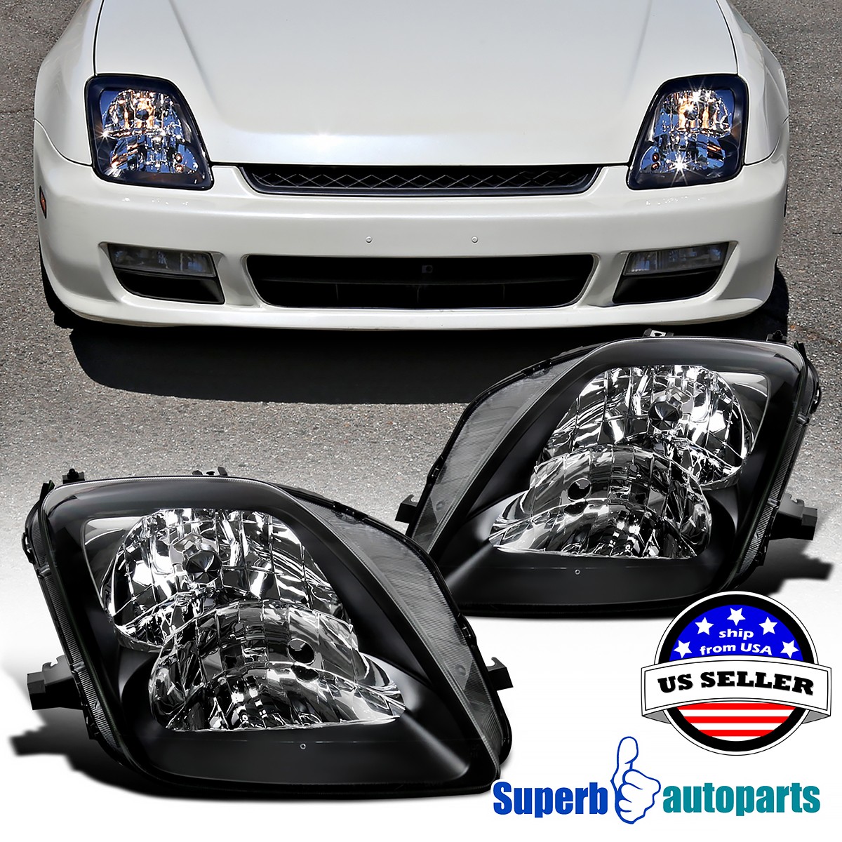 Fits 1997-2001 Honda Prelude Black Headlights Head Lamps Replacement L+H Fits 1997-2001 Honda Prelude Black Headlights Head Lamps Replacement L+H