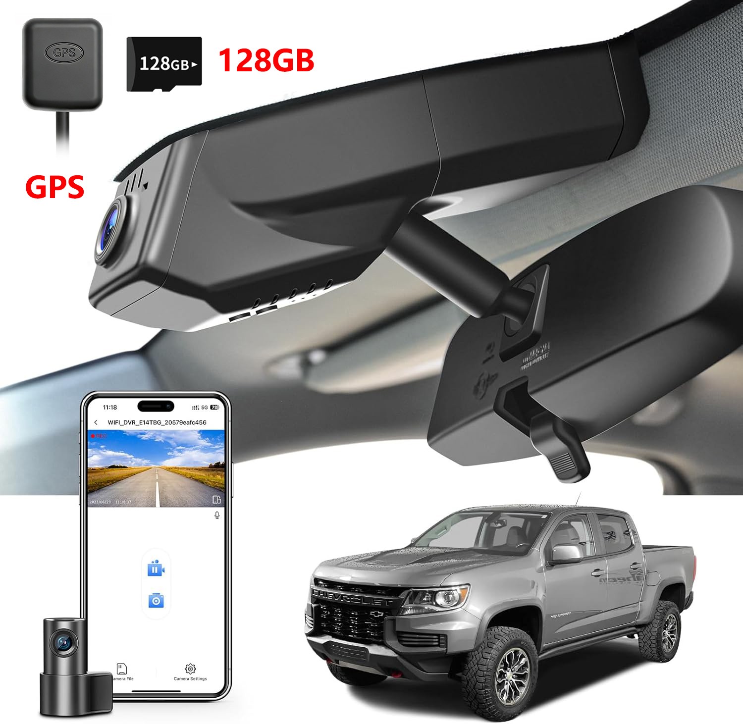 Front 4K+Rear 1080P Dash Cam for Chevy Colorado 2015-2022 Model A OEM Look 128GB