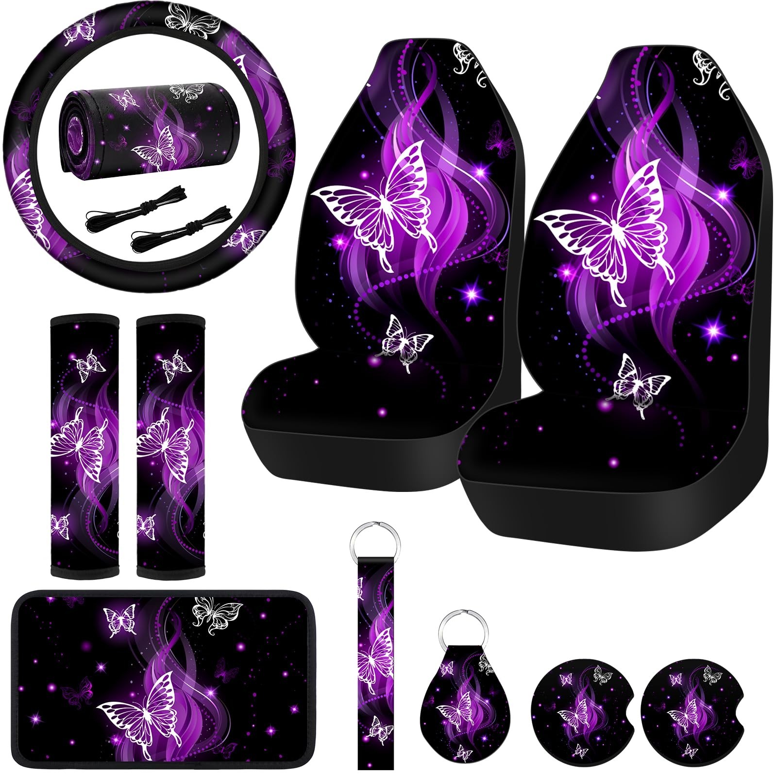 10 Pcs Car Seat Covers Set for Women - Butterfly Design, Steering Wheel Cover &