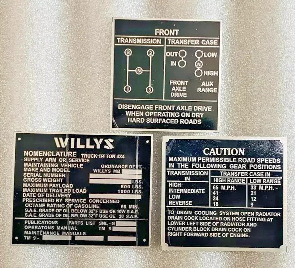 Fit For Jeeps Willys Ford CJ2A CJ3A CJ3 Aluminum Black Dash Data Plate Set Of 3