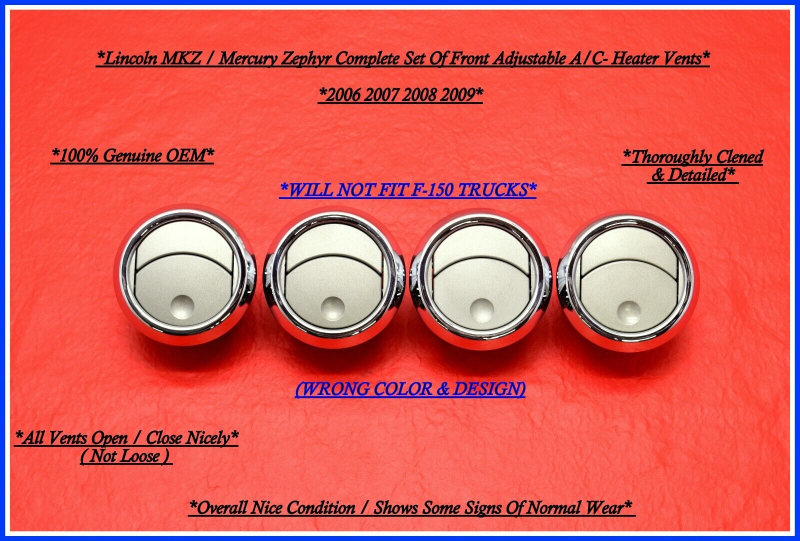 06-09 Lincoln MKZ Mercury Zephyr AC A/C Dash Vents Chrome Trim Complete Set (4)