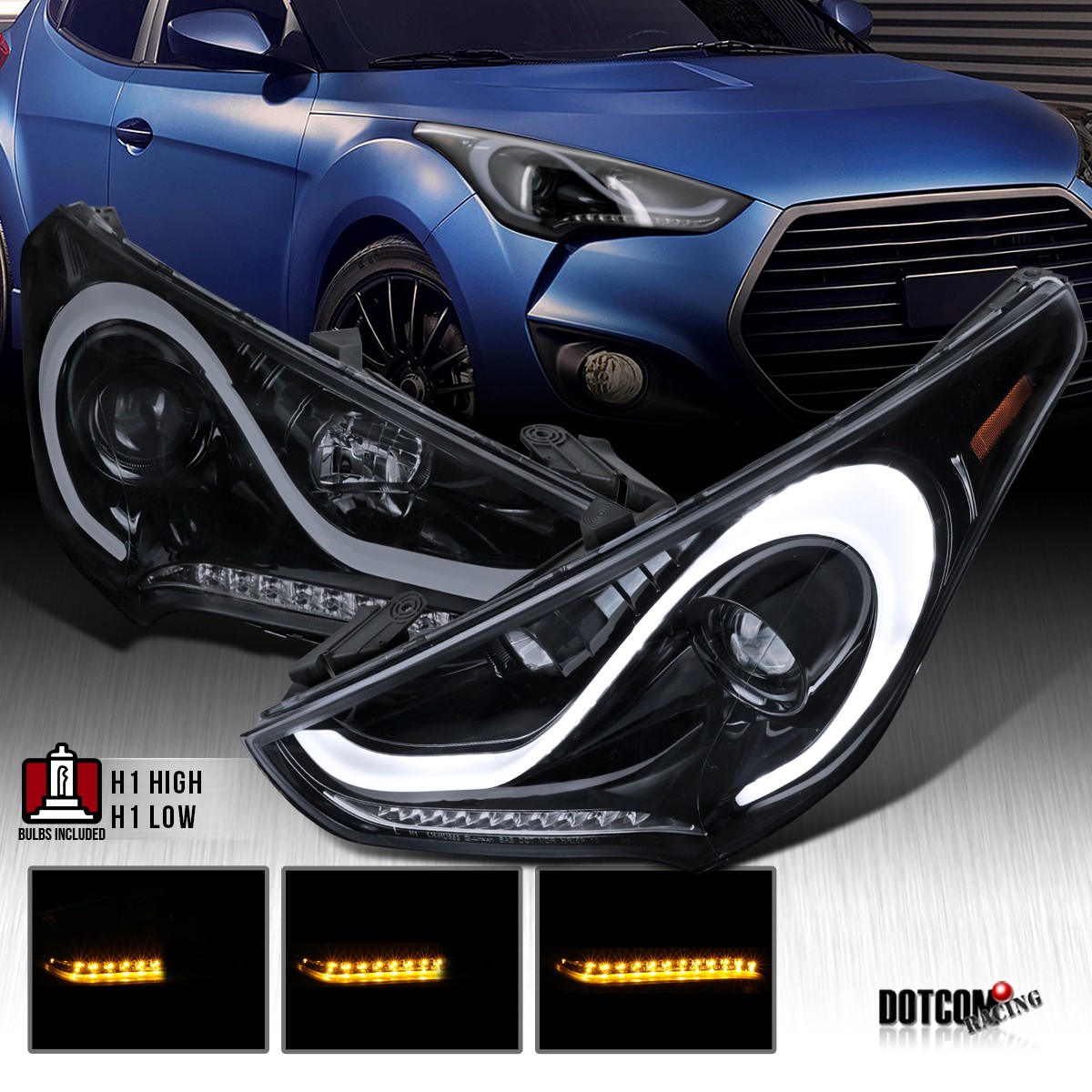 Fit 2012-2017 Hyundai Veloster Smoke Projector Headlights Sequential LED Signal Fit 2012-2017 Hyundai Veloster Smoke Projector Headlights Sequential LED Signal