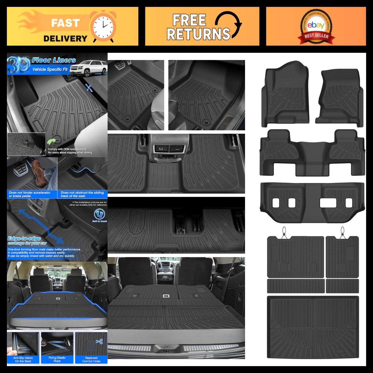 All Weather Floor Mats for 2015-2020 Suburban & Yukon XL, Heavy Duty TPE Cargo L