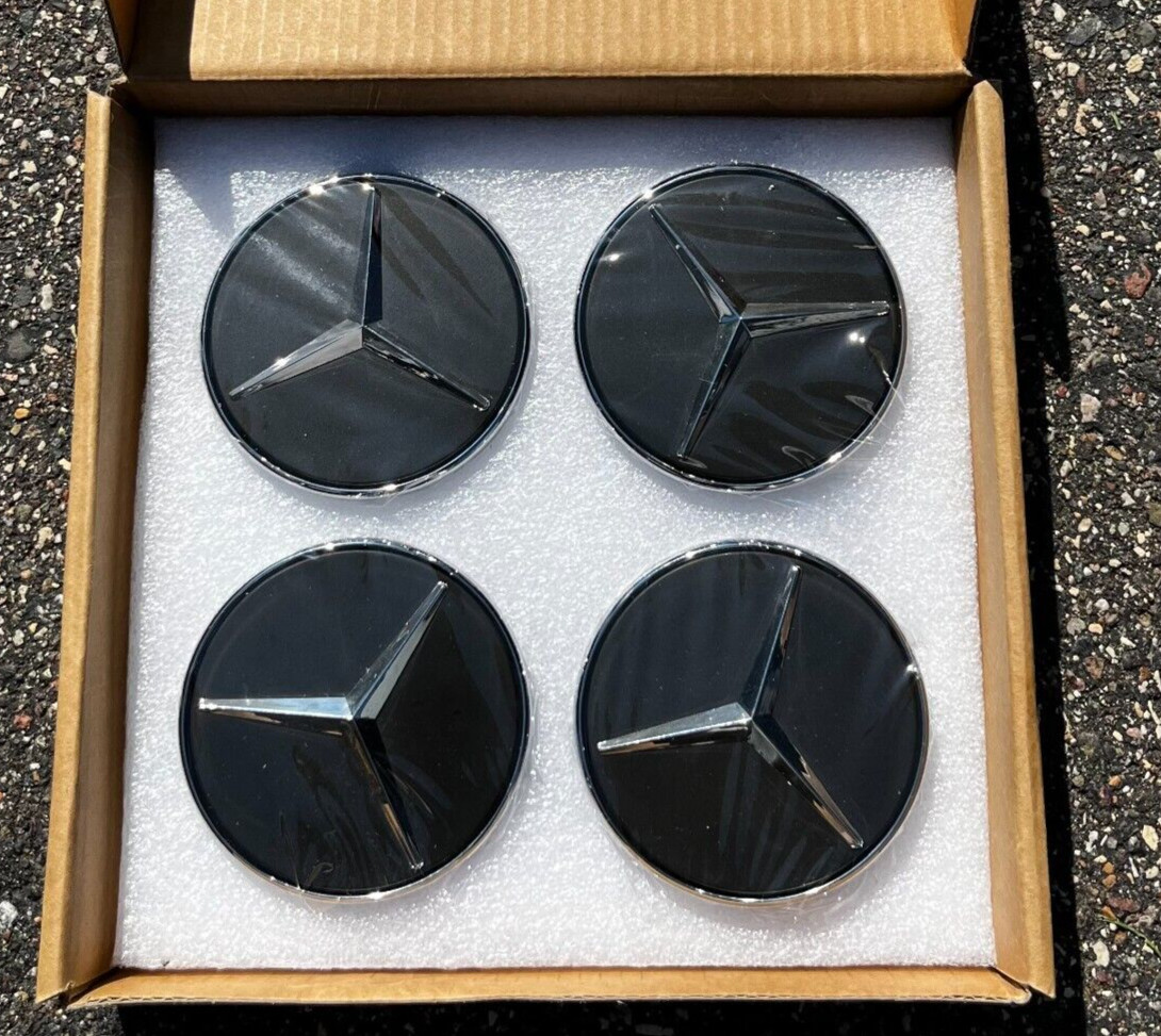 NEW (4X) 75mm Floating Wheel Center Caps for Mercedes BLACK AMG C63 C300 E63 CLA