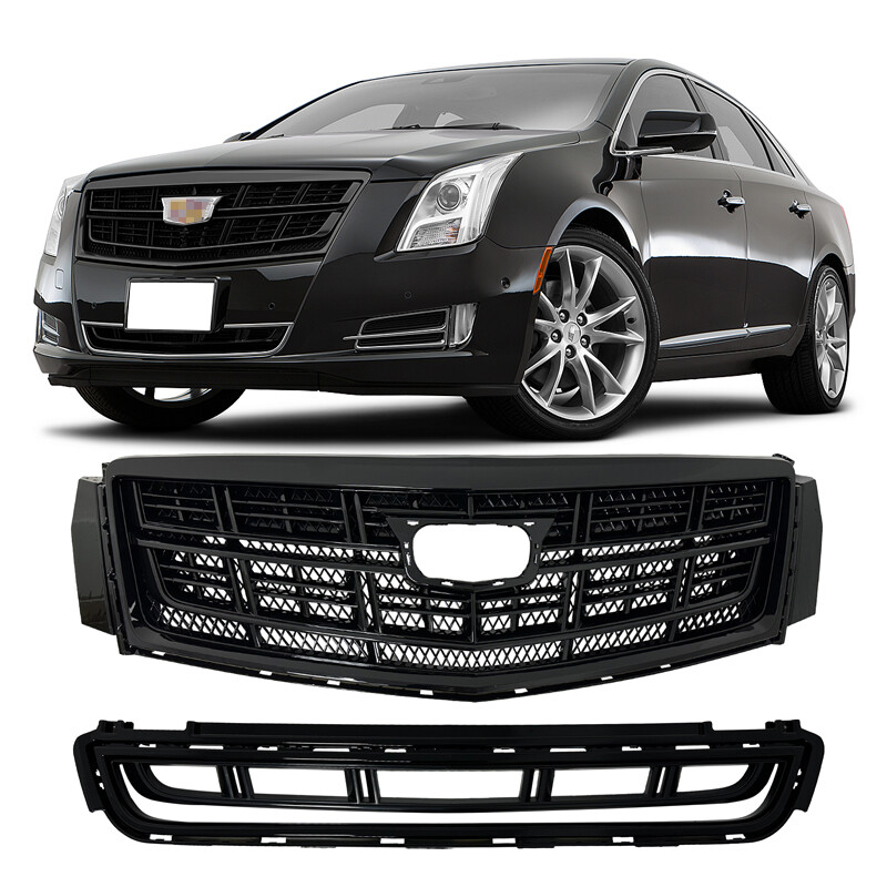 Fit 2013-2017 Cadillac XTS Front Bumper Black Upper Grille Lower Grill 2PCS