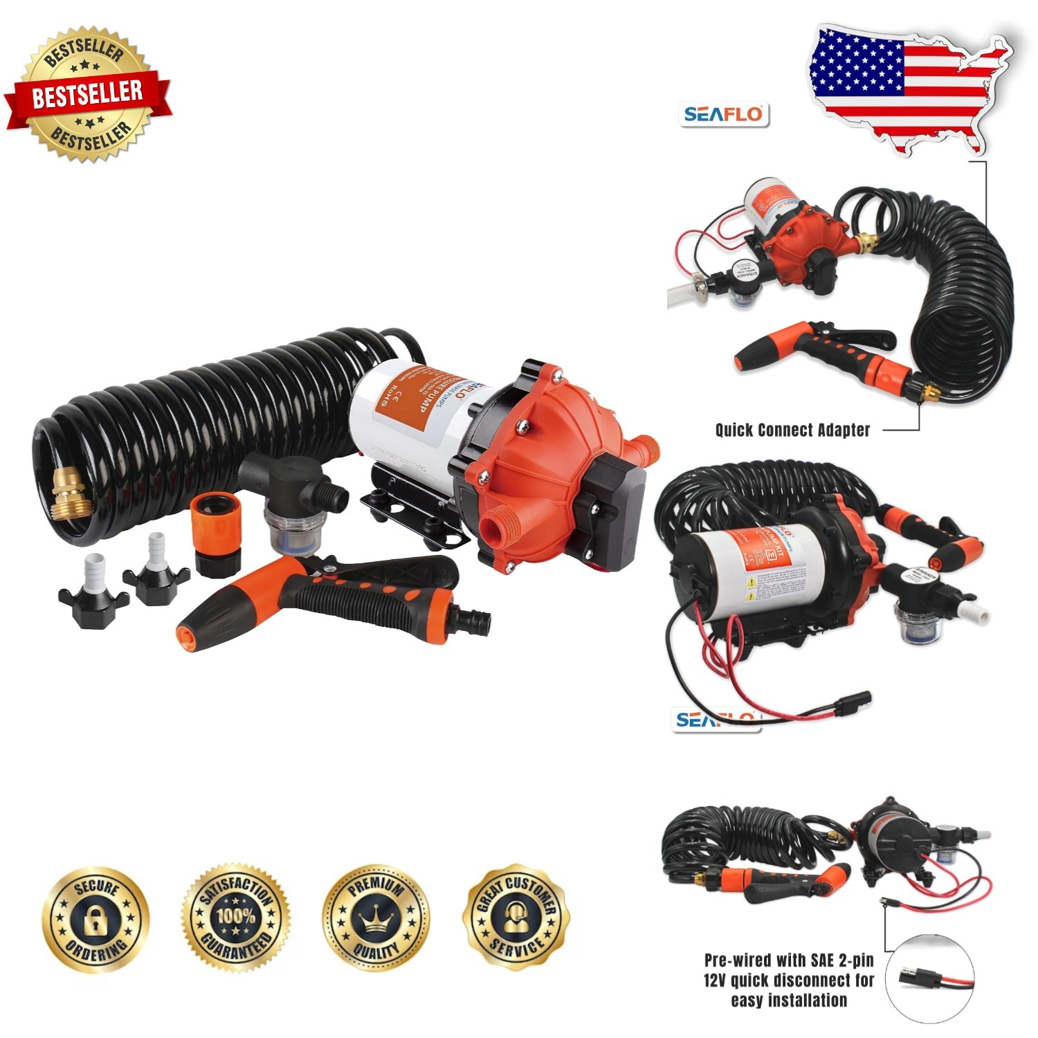 12V DC Washdown Pump | 5.5 GPM High Flow | 70 PSI RV Boat Off-Grid | 4-