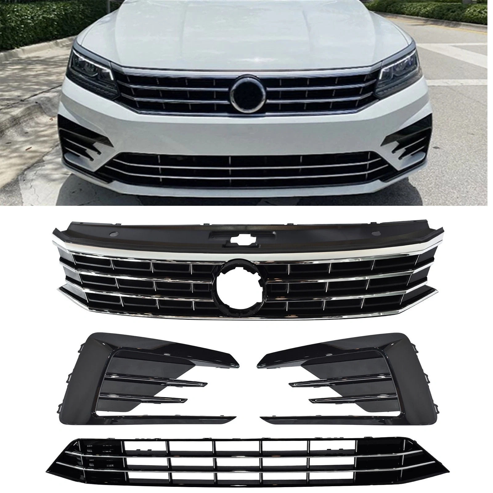 For 2016-19 VW Volkswagen Passat R-Line Front Upper+Lower Grille/Fog Light Cover