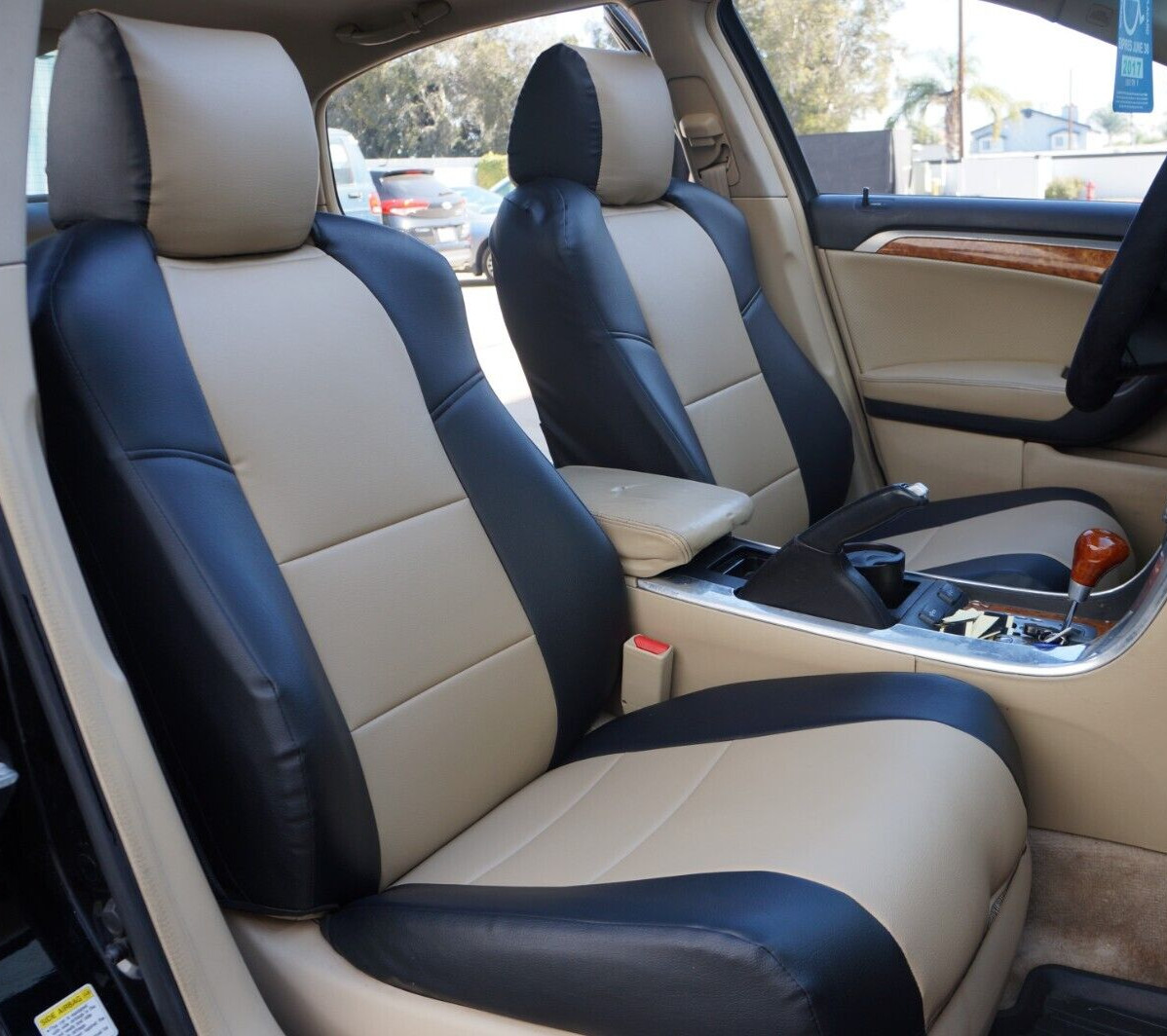 for 2004-08 ACURA TL IGGEE S.LEATHER BLACK/BEIGE CUSTOM FIT 2 FRONT SEAT COVERS for 2004-08 ACURA TL IGGEE S.LEATHER BLACK/BEIGE CUSTOM FIT 2 FRONT SEAT COVERS