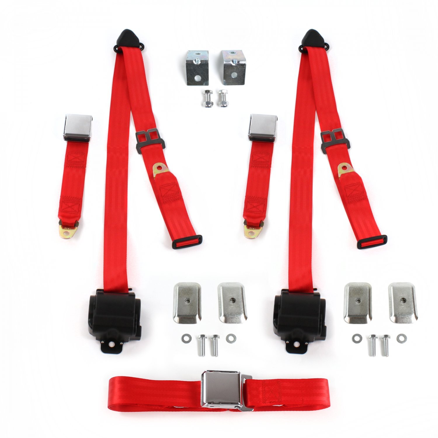 VW Type 1 1958 - 1967 Airplane 3pt Red Retractable Bench Seat Belt Kit w/ Bracke