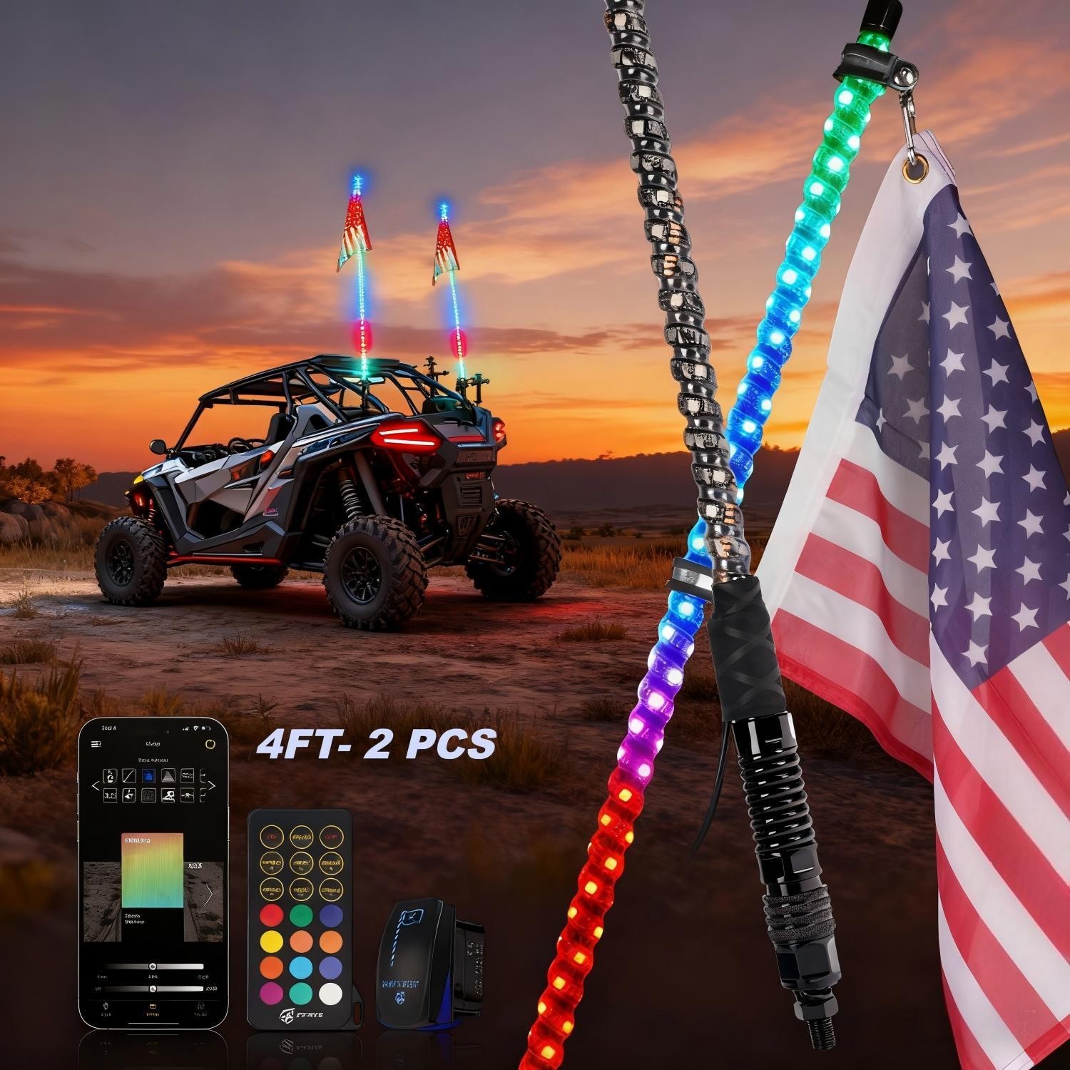 Pair 4FT RGB Chasing Spiral LED Whip Light Turn Brake Reverse Signal For UTV ATV Pair 4FT RGB Chasing Spiral LED Whip Light Turn Brake Reverse Signal For UTV ATV
