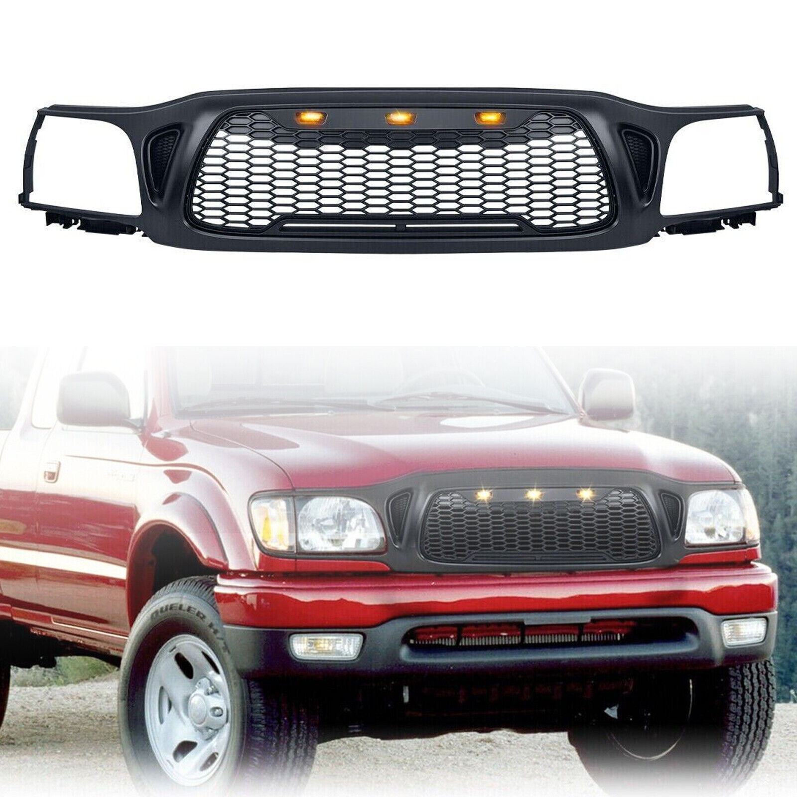 Front Grille Fit For 2001-2004 Toyota Tacoma Mesh Honeycomb Grill w/3 LED Lights