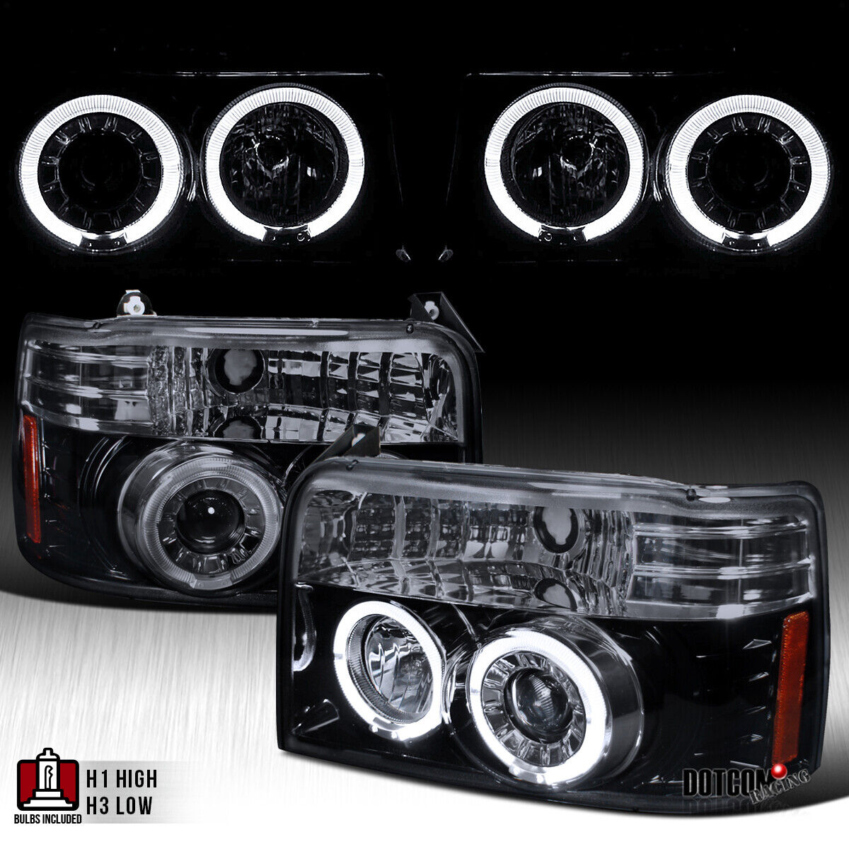 Fit Ford 1992-1996 F150 F250 Bronco LED Halo Projector Headlights Black Smoke