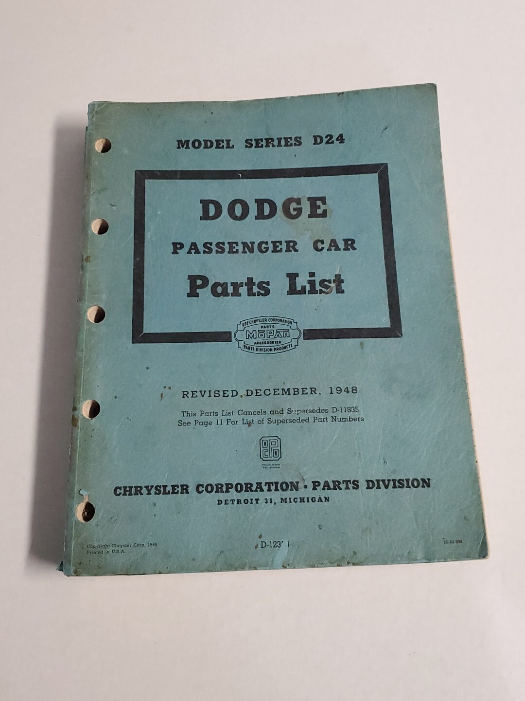 VTG 1948 Revised Dodge Mopar Model Series D24 Passenger Car Parts List Chrysler