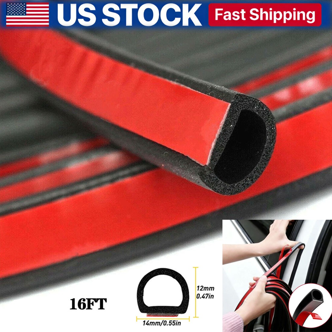16.4Ft Rubber D Shape Door Seal Strip Self Adhesive Automotive Weather Stripping