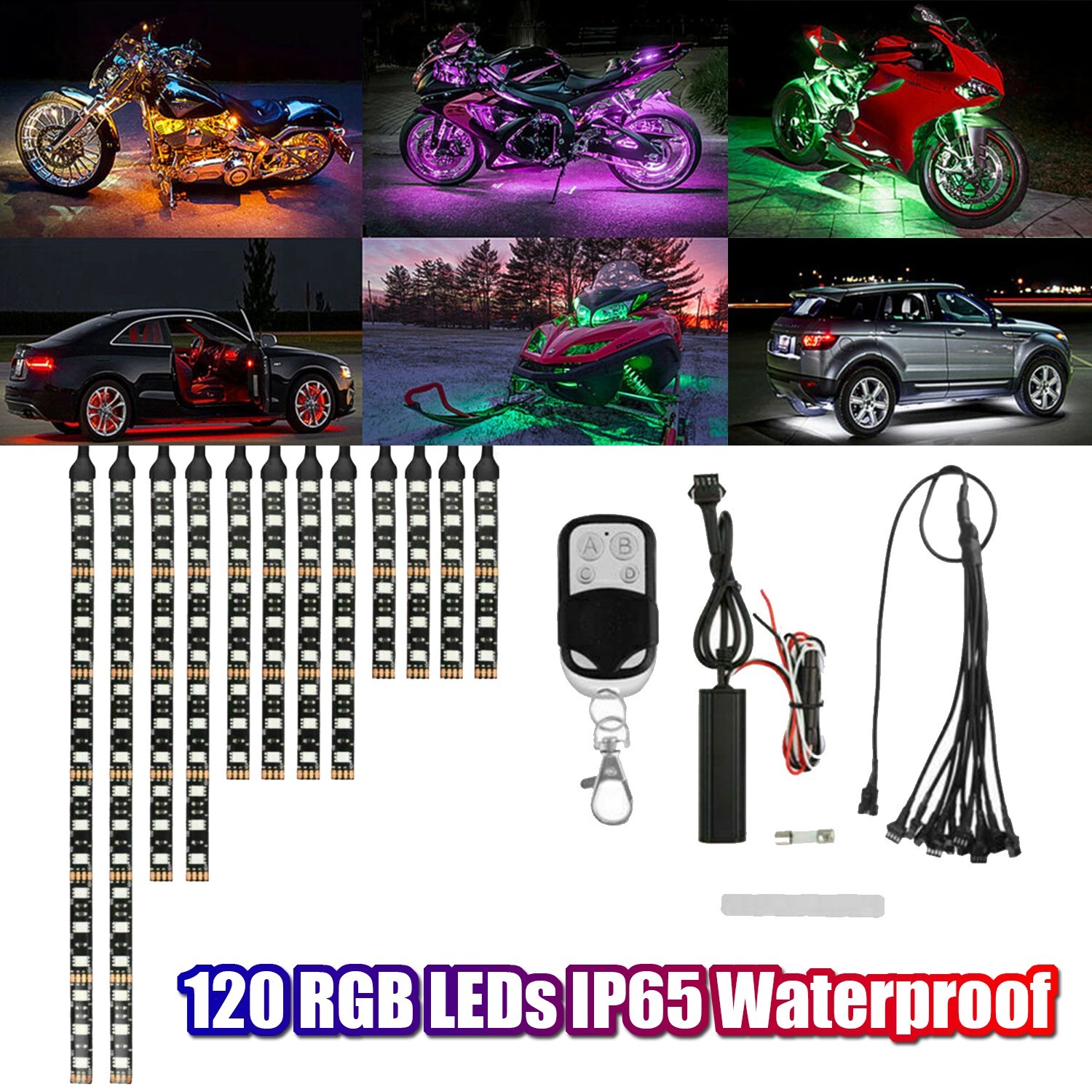 12Pcs Waterproof RGB LED Strip Lights Remote Lamps for Motorcycle ATV Truck Van