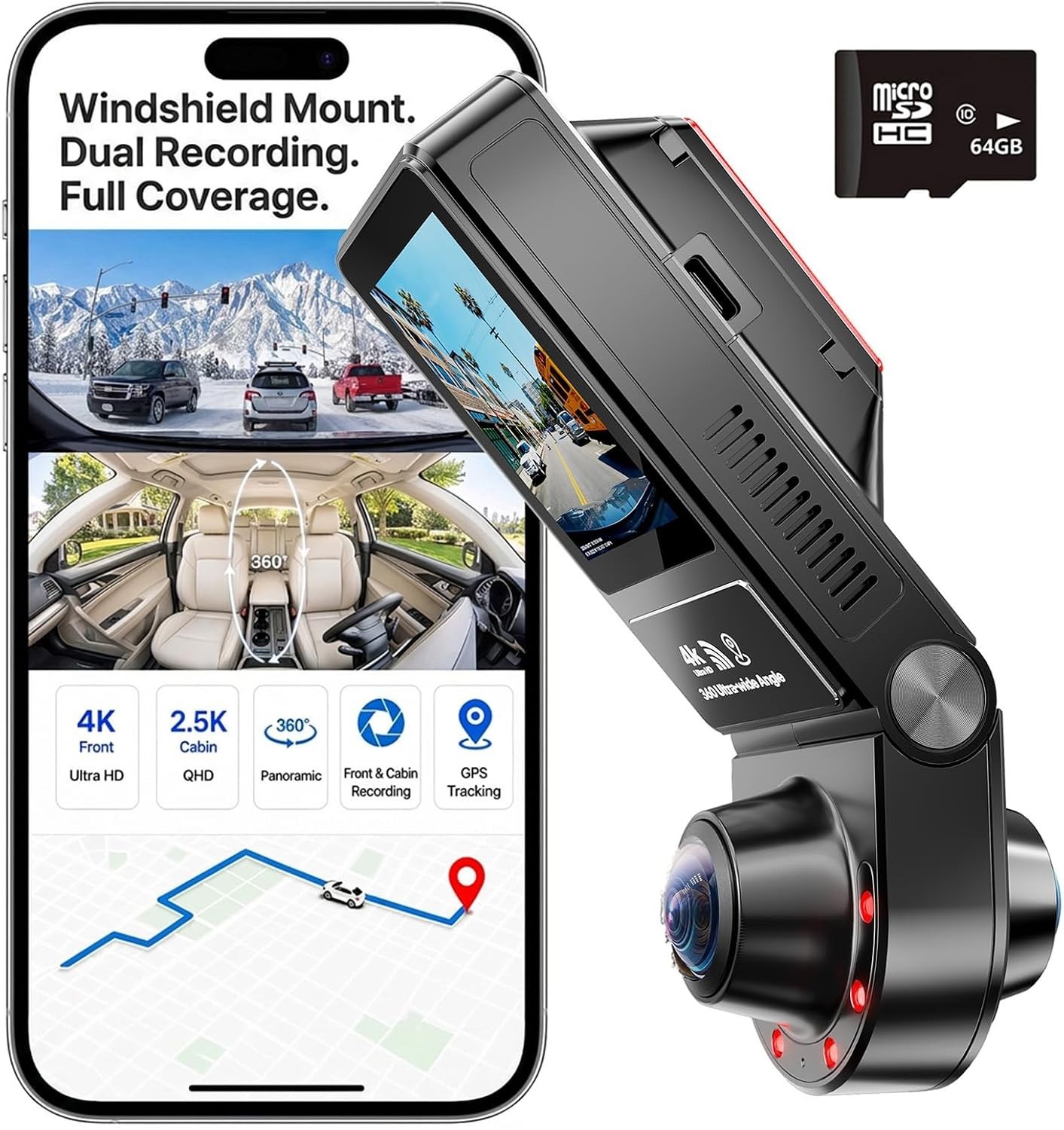 4K and 2.5K 360 Panoramic Dash Cam Front and Cabin 64GB SD