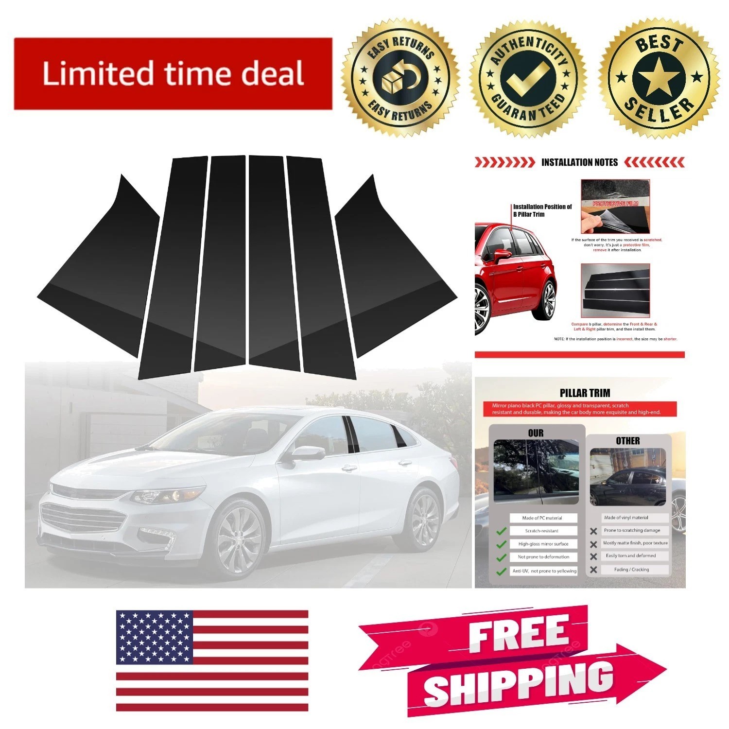 6x High-Gloss Black Pillar Covers for 2016-2021 Chevy Malibu - Easy Installation