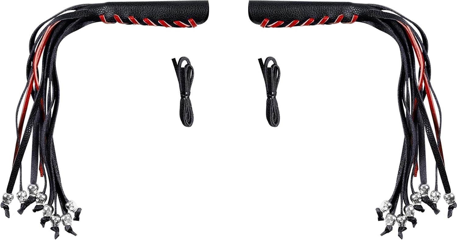 Durable Faux Leather Motorcycle Grip Covers with Unique Skull & Fringe Tassels
