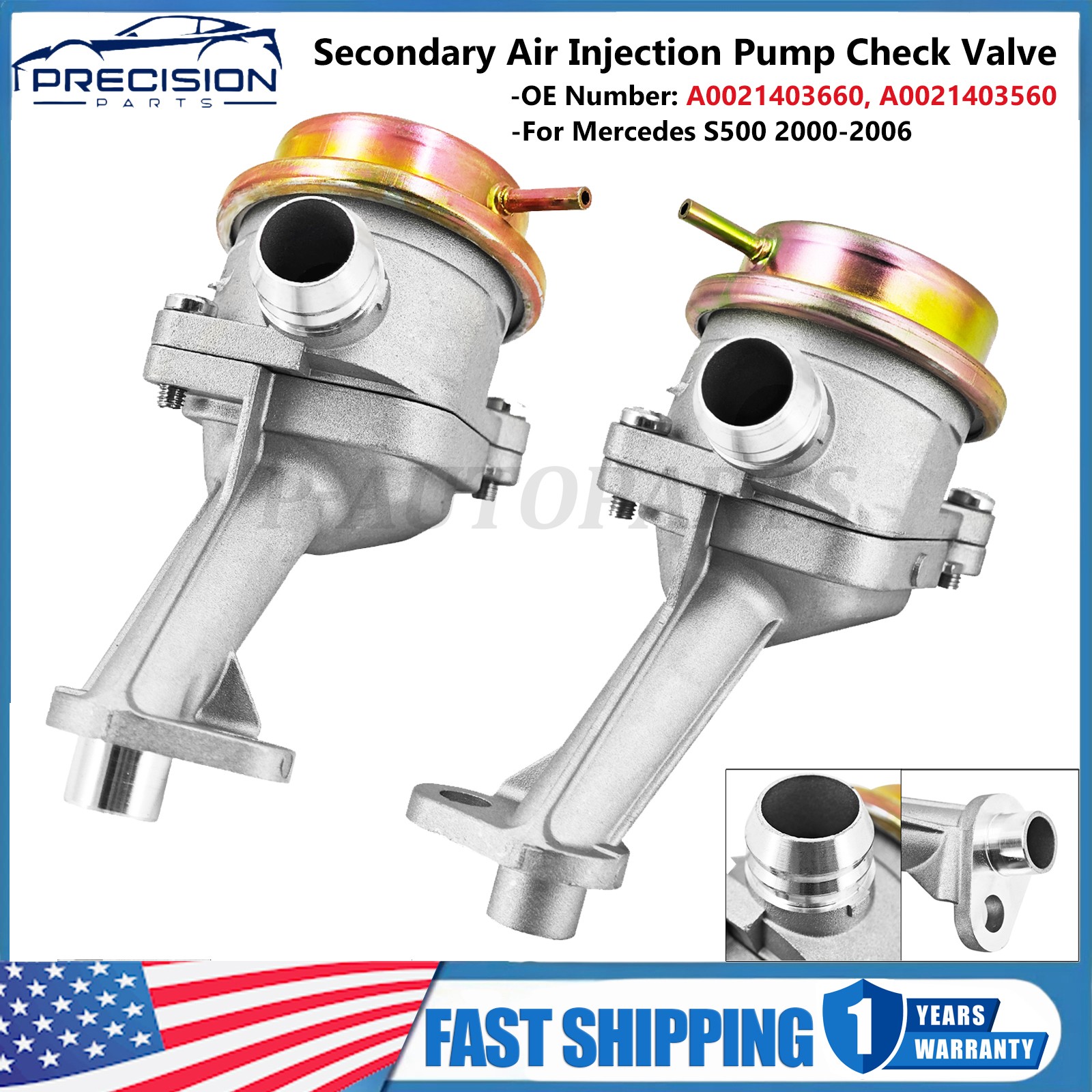 Pair Secondary Air Injection Pump Check Valves For Mercedes S500 2000-2006 NEW