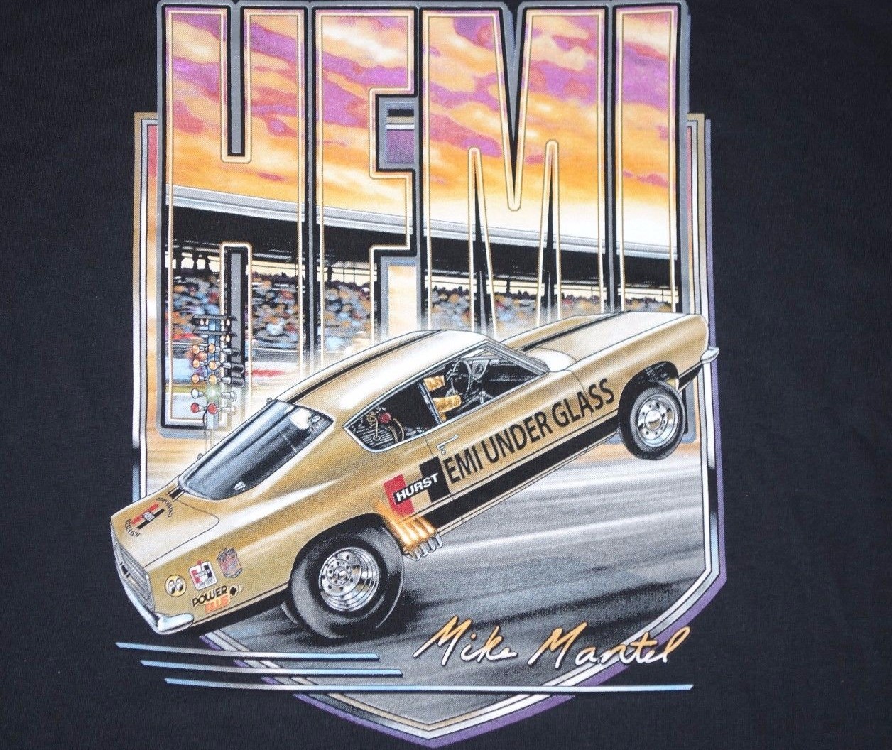 Hemi Under Glass Wheelstander Black T-Shirt Mopar Hurst NHRA Drag Race Cuda