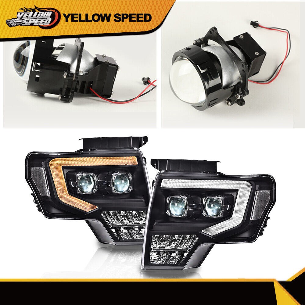 Fit For 09-14 Ford F150 Black Double [Halogen] DRL LED Tube Projector Headlights