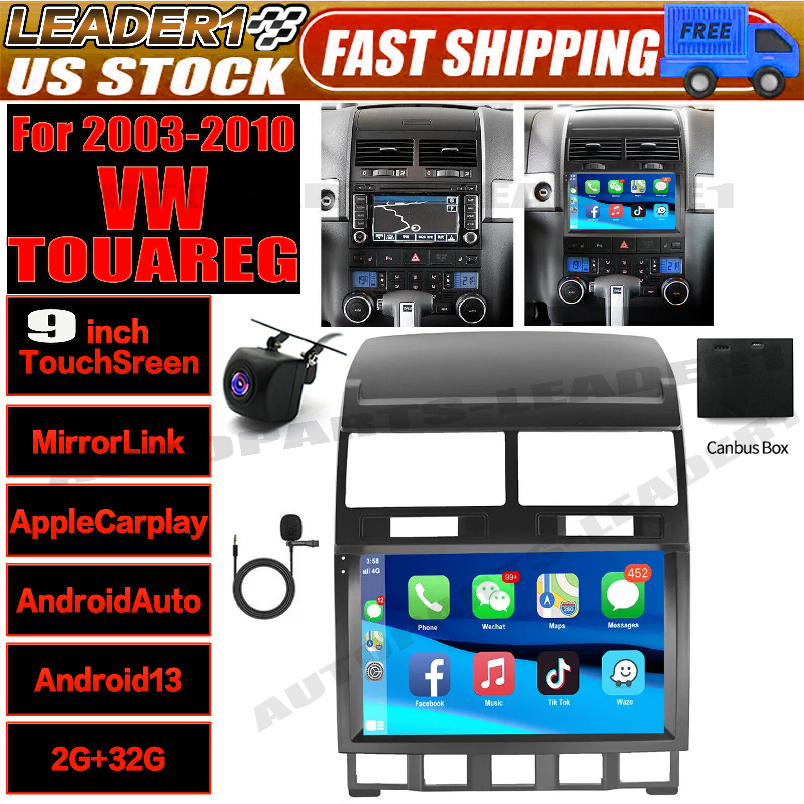 2+32GB Android 13 Carplay Car Stereo Radio GPS BT For VW Touareg 2003-2010