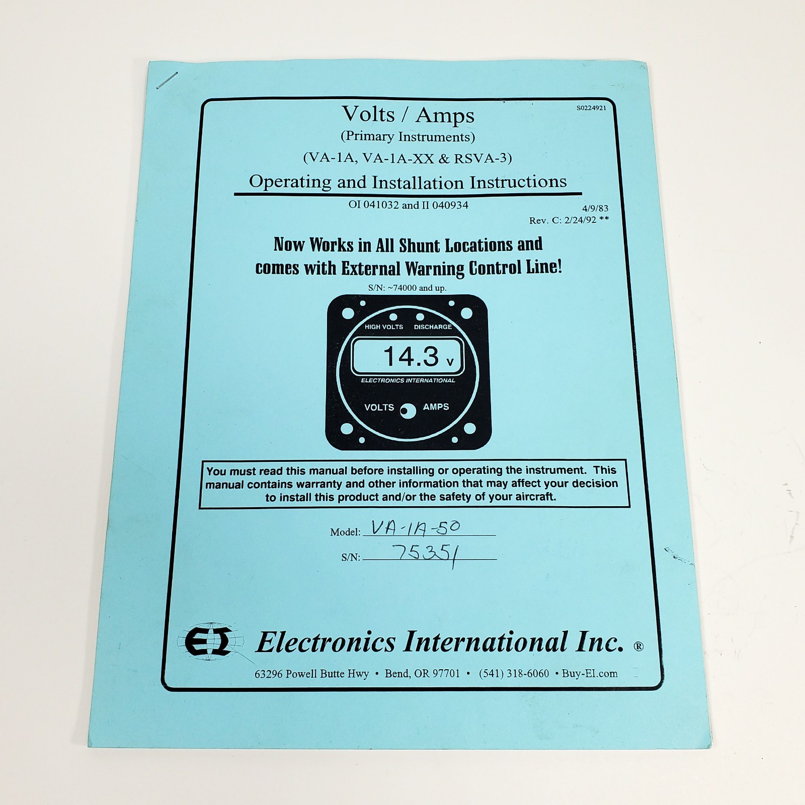VA-1A-50 Electronics International 1992 Operating & Installation Instructions