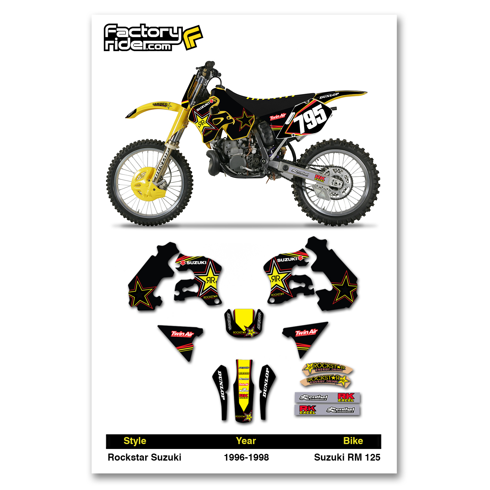 Team Rockstar Suzuki Motocross Graphics RM 125 1996-1998 Dirt bike Graphics kit Team Rockstar Suzuki Motocross Graphics RM 125 1996-1998 Dirt bike Graphics kit