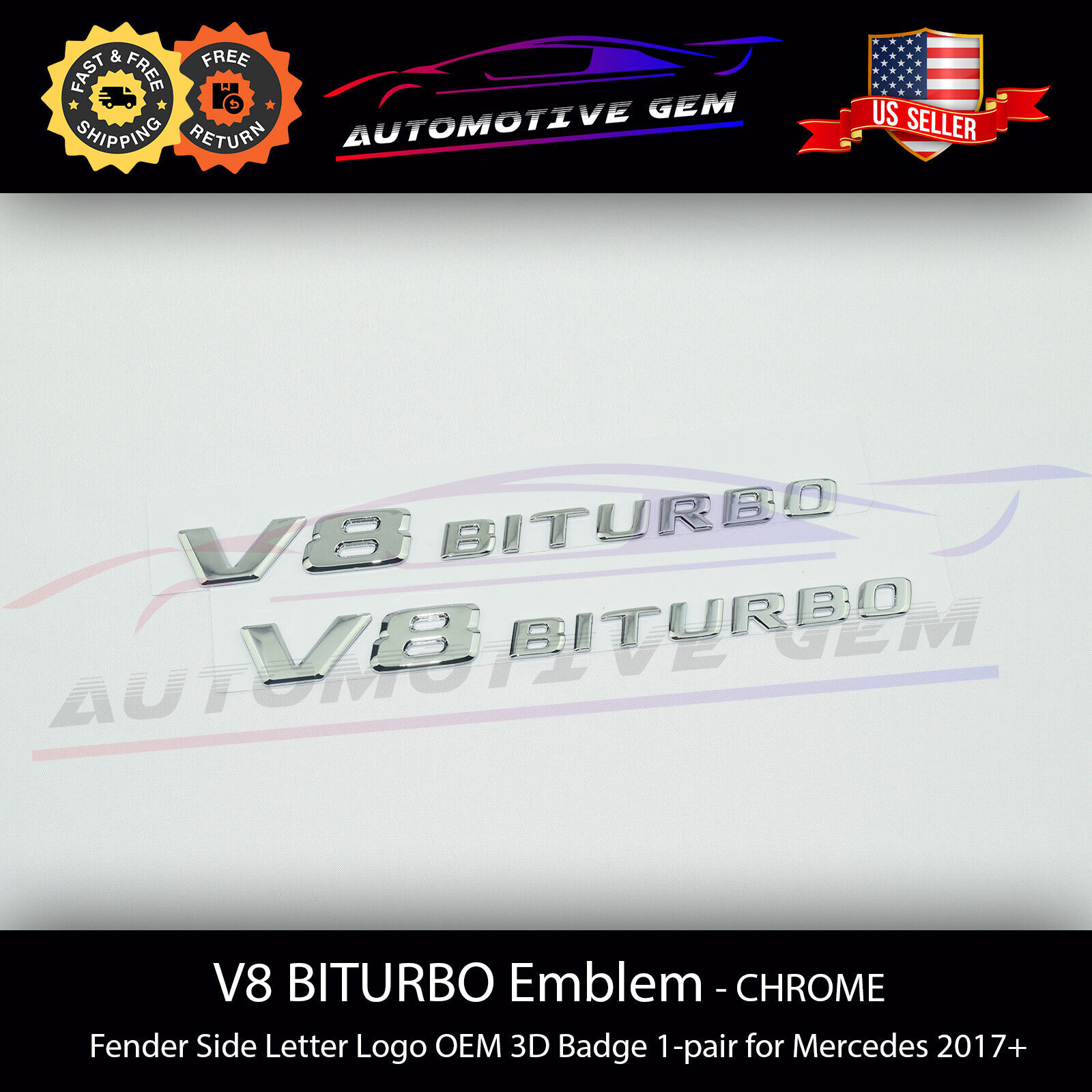 V8 BITURBO Fender Side AMG Emblem Chrome Logo Badge Mercedes C63 E63 G63