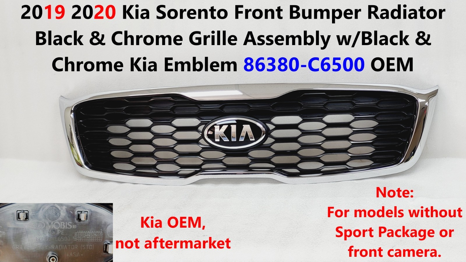 2019 2020 Kia Sorento Front Radiator Grille Black & Chrome w/Emblem 86380-C6500