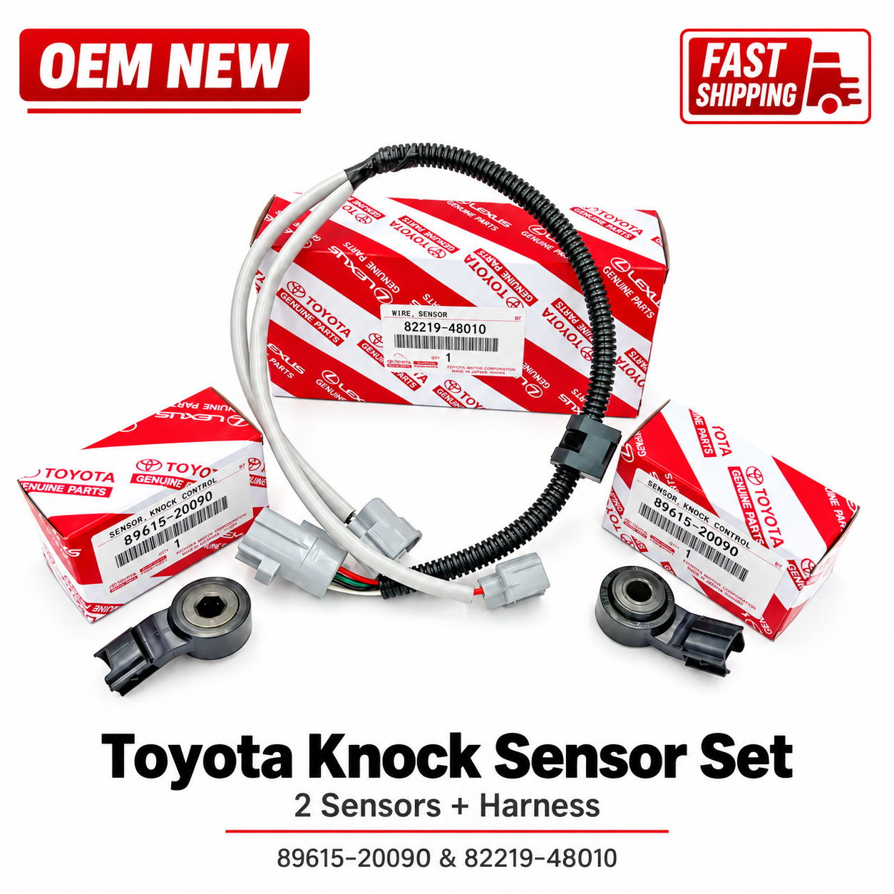 Genuine Denso Knock Sensor Kit 2pcs 89615-20090 & Harness 82219-48010 Toyota OEM