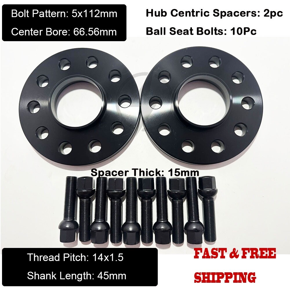 2Pc 15mm Thick Audi 5x112mm CB 66.56 Wheel Spacer Kit 14x1.5 Ext. Bolts Included