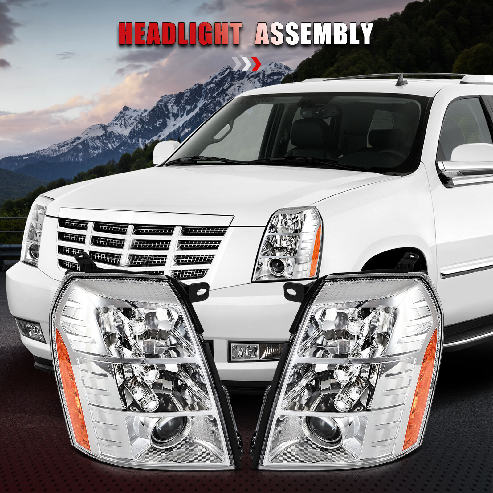 Headlight Assembly For 2009-2014 Cadillac Escalade ESV EXT Chrome Housing Pair