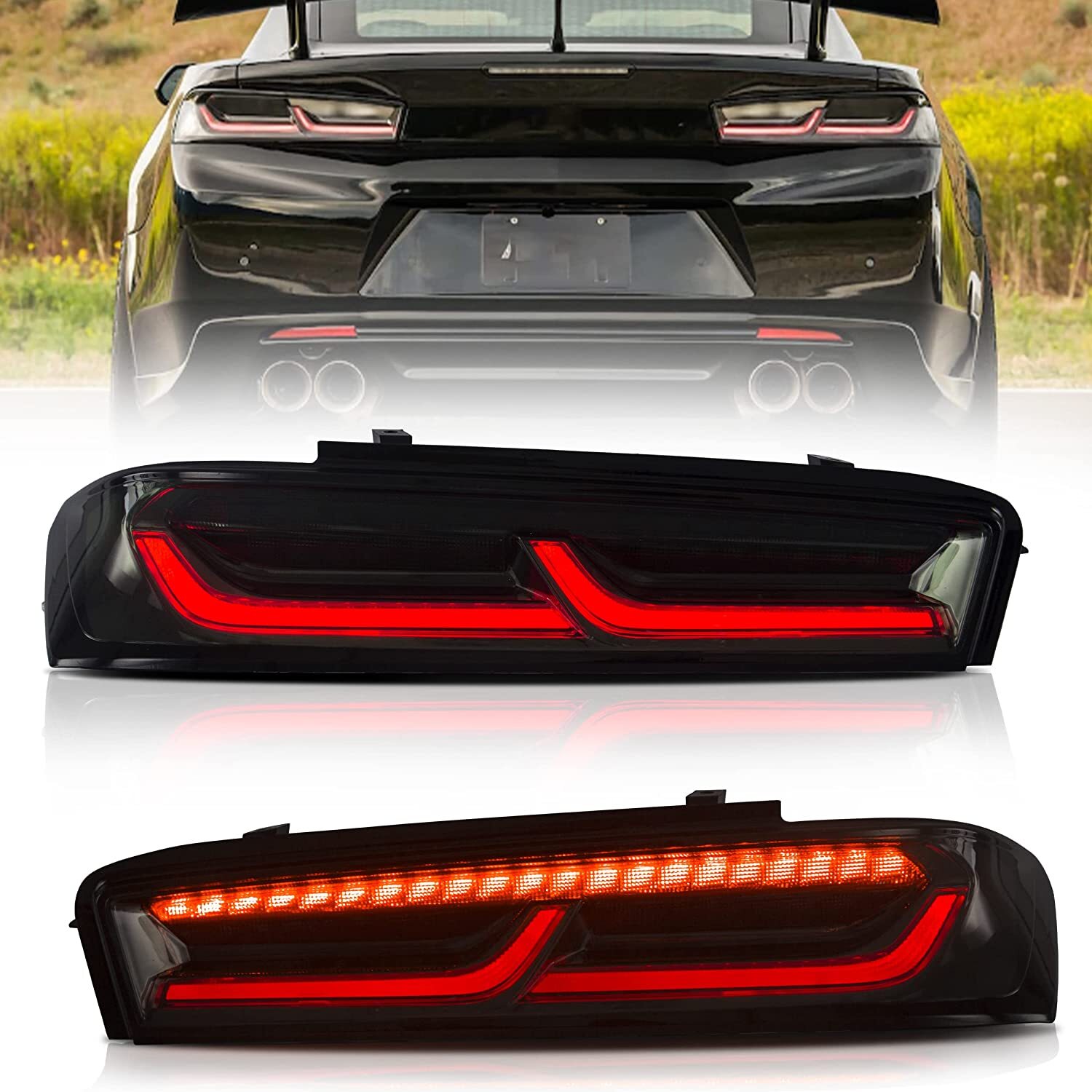 VLAND For 2016-2018 Chevy Camaro Led Smoked Black Tail Lights W/Red Sequential