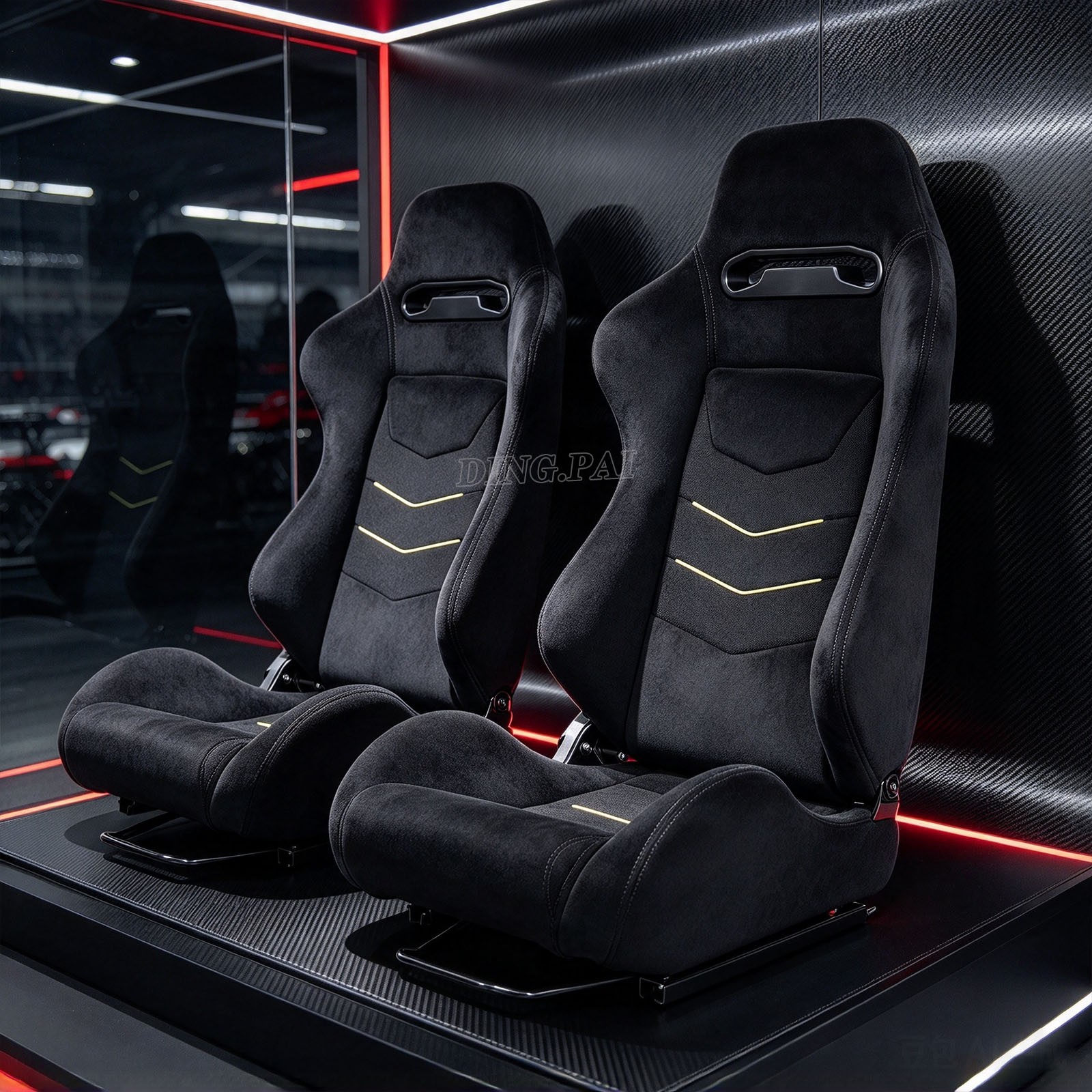 2 x Universal Car Racing Seats Suede Fabric ,with 2 Sliders Sport Seats ,Black