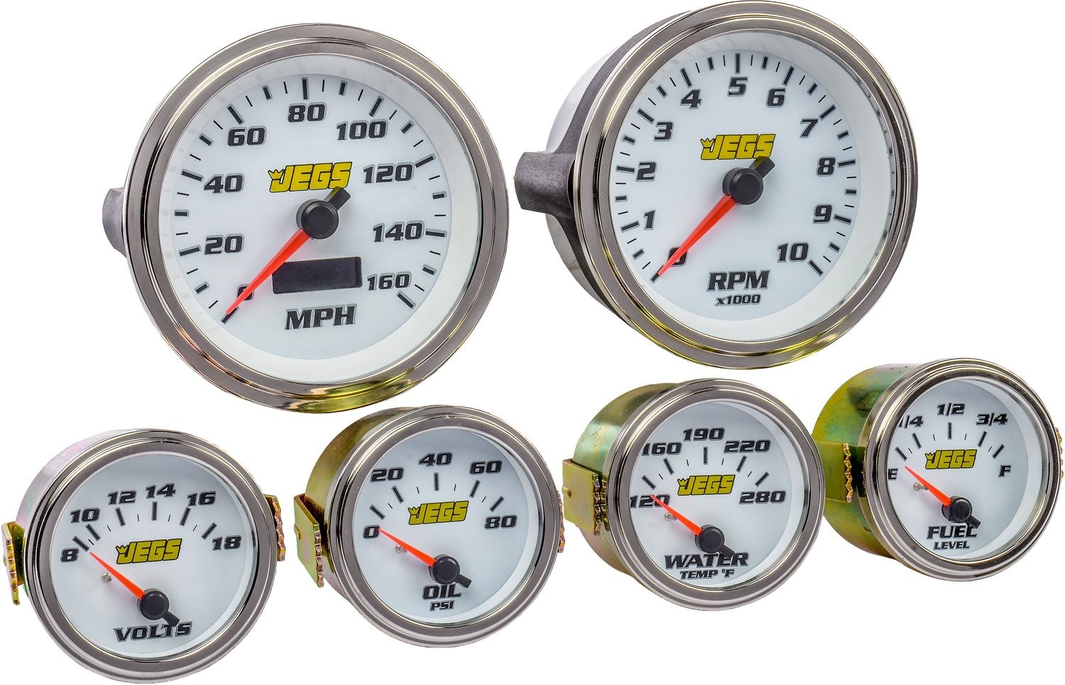 JEGS 6-Gauge Set, White Analog Face [3 3/8 in. Dia. Speedometer & Tachometer]
