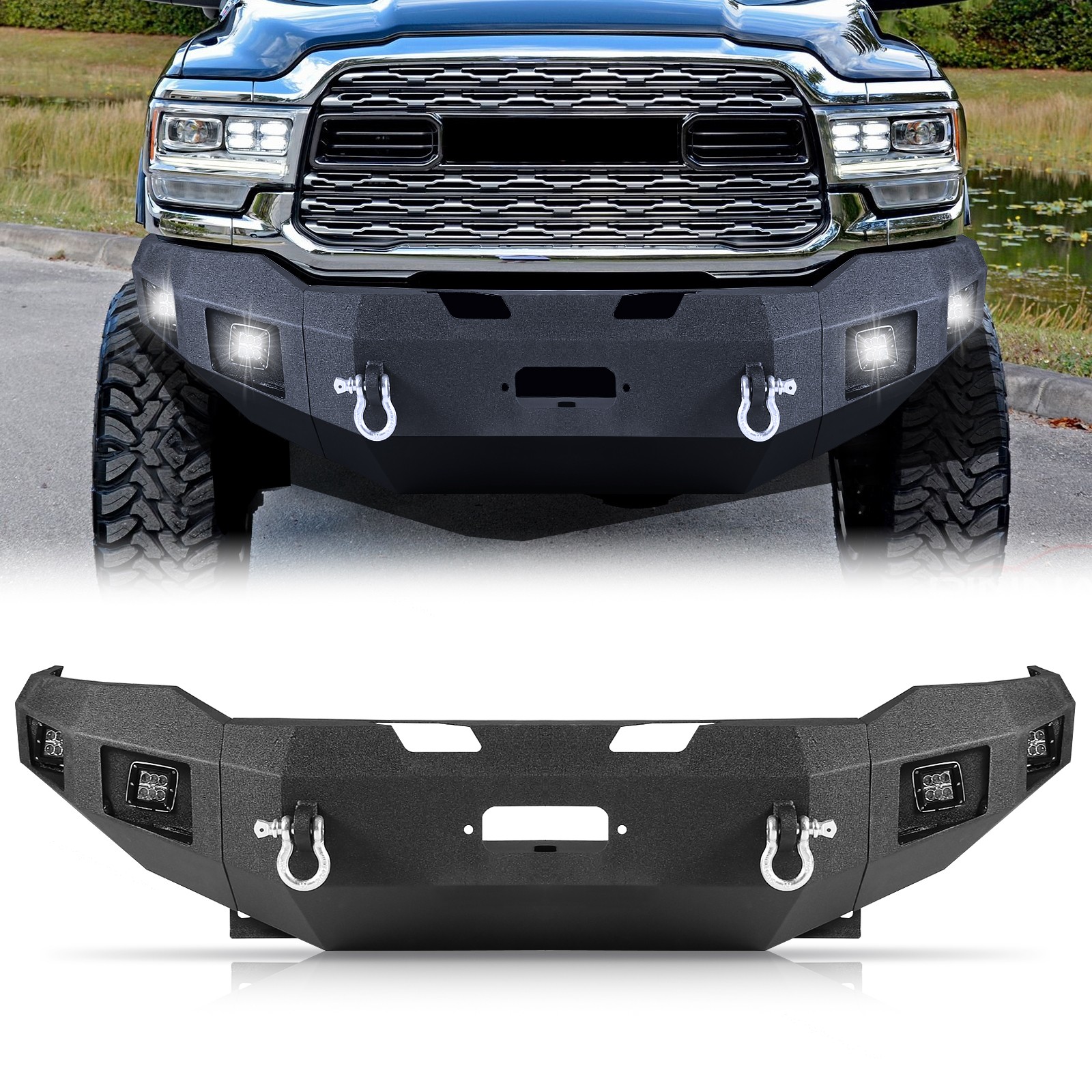 Steel Front Bumper Fit for 2019-2022 Dodge Ram 2500/3500 W/4 LED Light 2 D-Rings