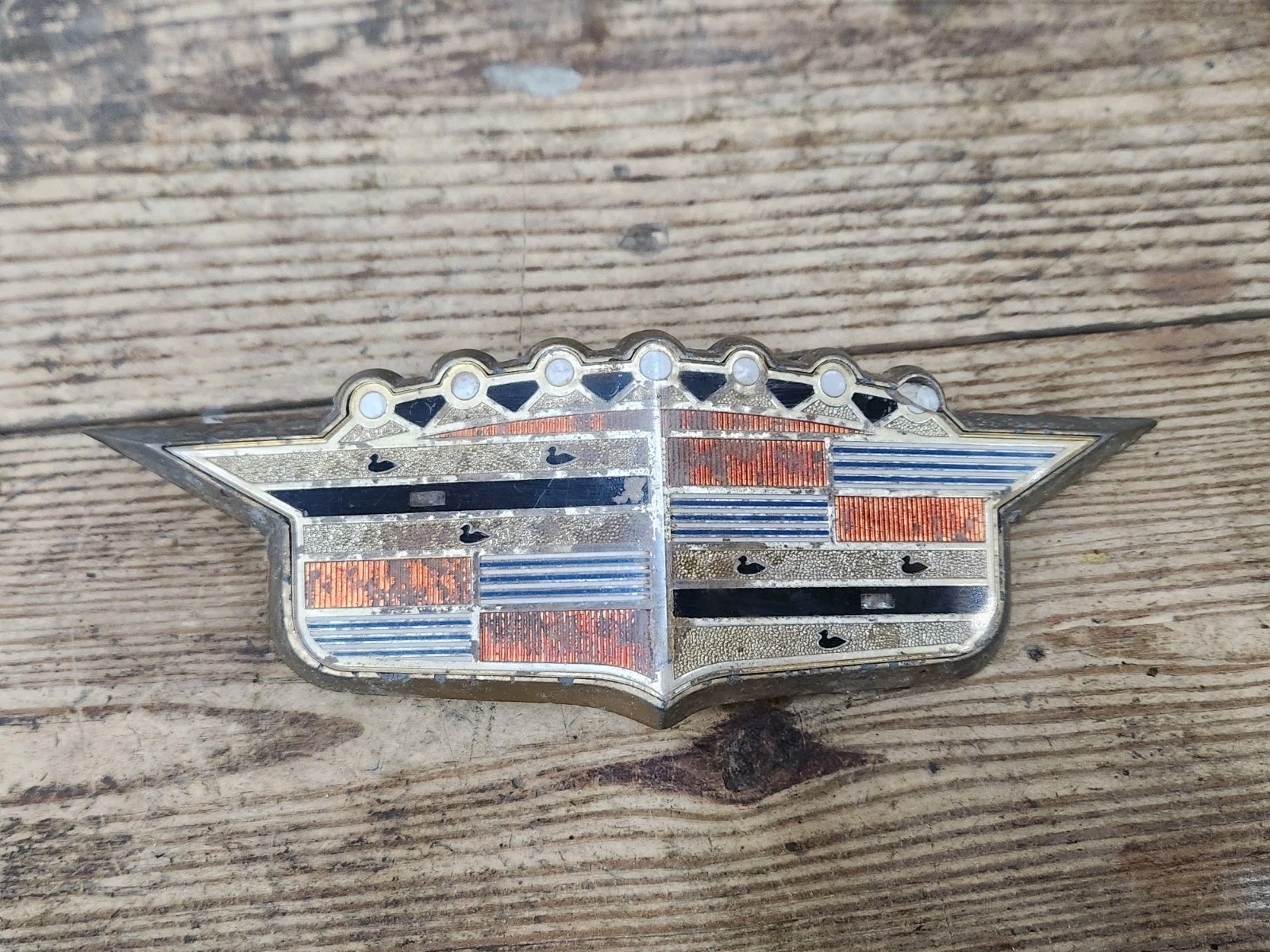 1956 Cadillac Front Hood Crest Crown Emblem Ornament Shield Bezel w/ Insert OEM 1956 Cadillac Front Hood Crest Crown Emblem Ornament Shield Bezel w/ Insert OEM