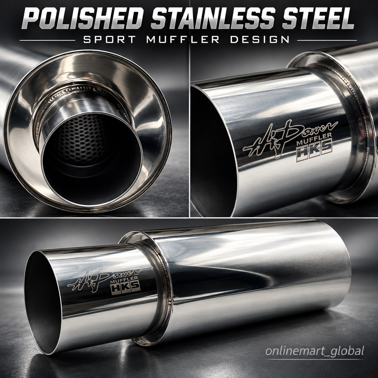 Universal HKS Style Exhaust Muffler 2.5in Inlet 4in Tip Stainless Steel Chrome