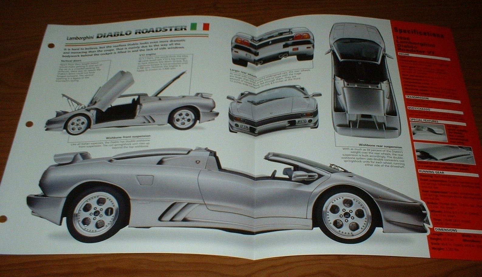 1996 Lamborghini Diablo Roadster VT Spec Sheet Brochure Info Poster 96