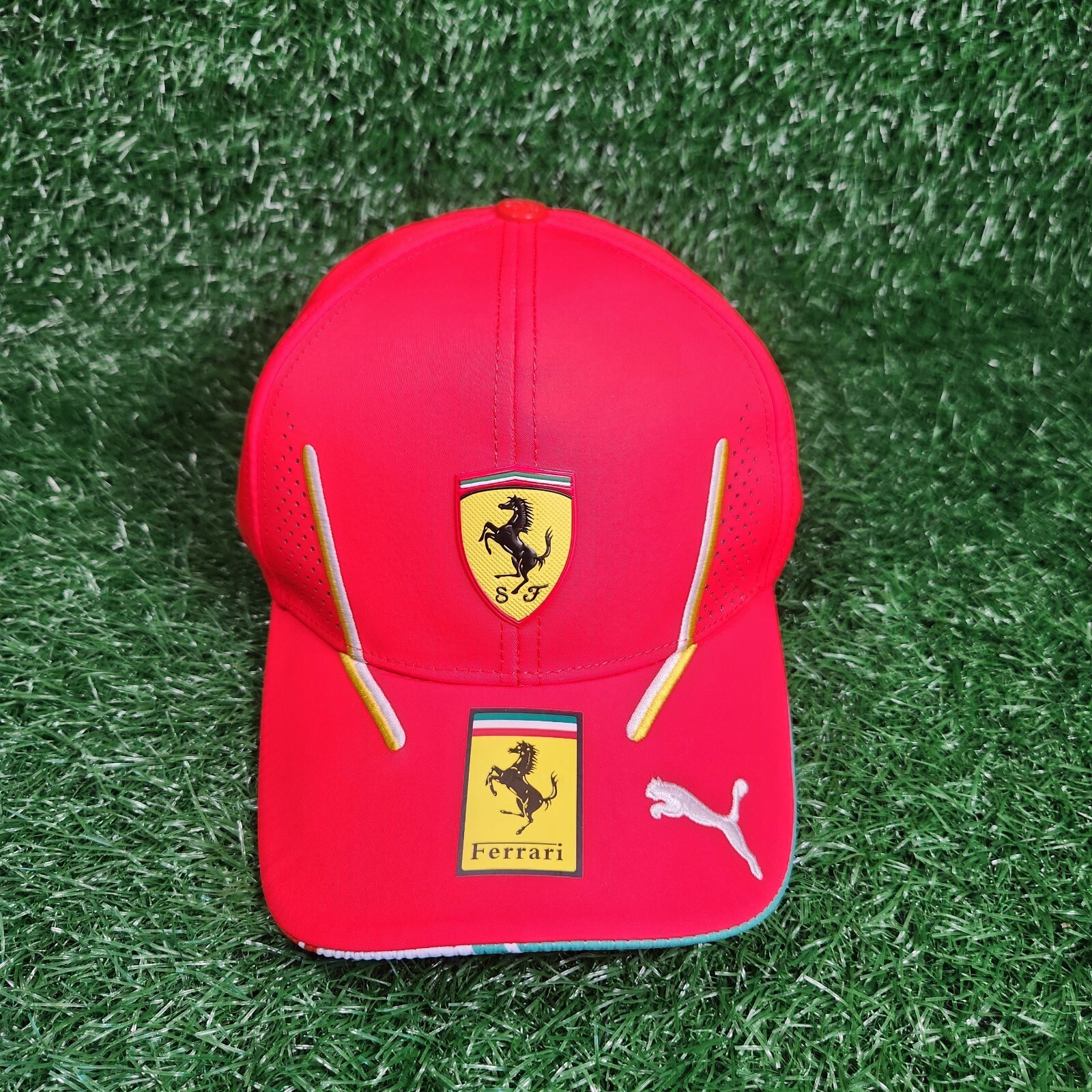 PUMA Scuderia Ferrari F1 Team Cap Red Adjustable Baseball Hat Italian Flag Brim