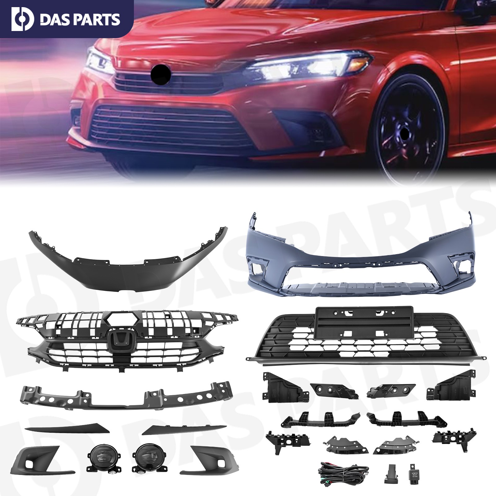 Fit 2022-2024 Honda Civic Front Bumper Complete Assembly With Brackets Set 17Pcs