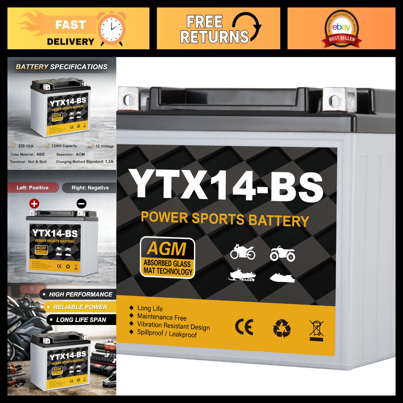 12V 12Ah Sealed AGM Motorcycle Battery, 220 CCA, Maintenance-Free, ATV/UTV/Scoot