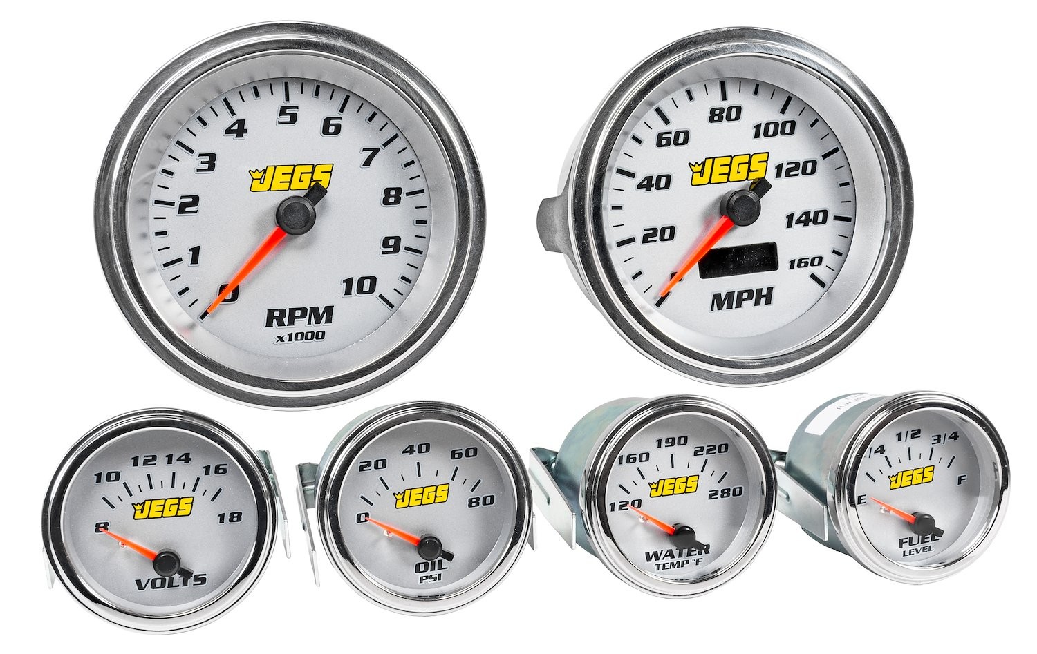 JEGS 6-Gauge Set, Silver Analog Face [3 3/8 in. Dia. Speedometer & Tachometer]