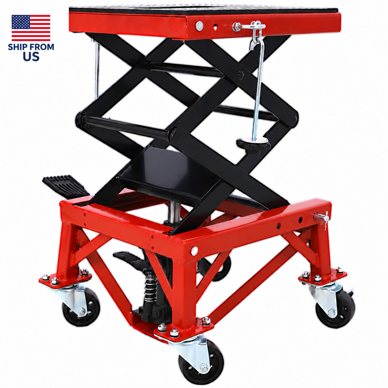 300 LB Hydraulic Motorcycle Scissor Lift Jack Dirt Bike Stand Foot Pedal Wheels