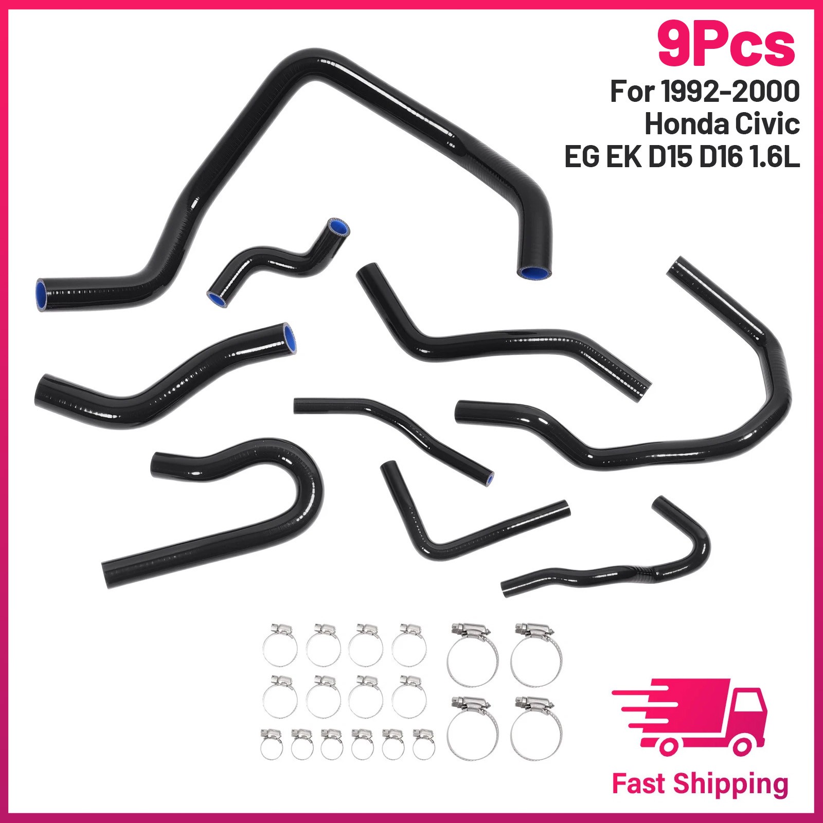 9Pcs Silicone Radiator Coolant Hose Kit For Honda Civic D15 D16 EG EK 1992-2000