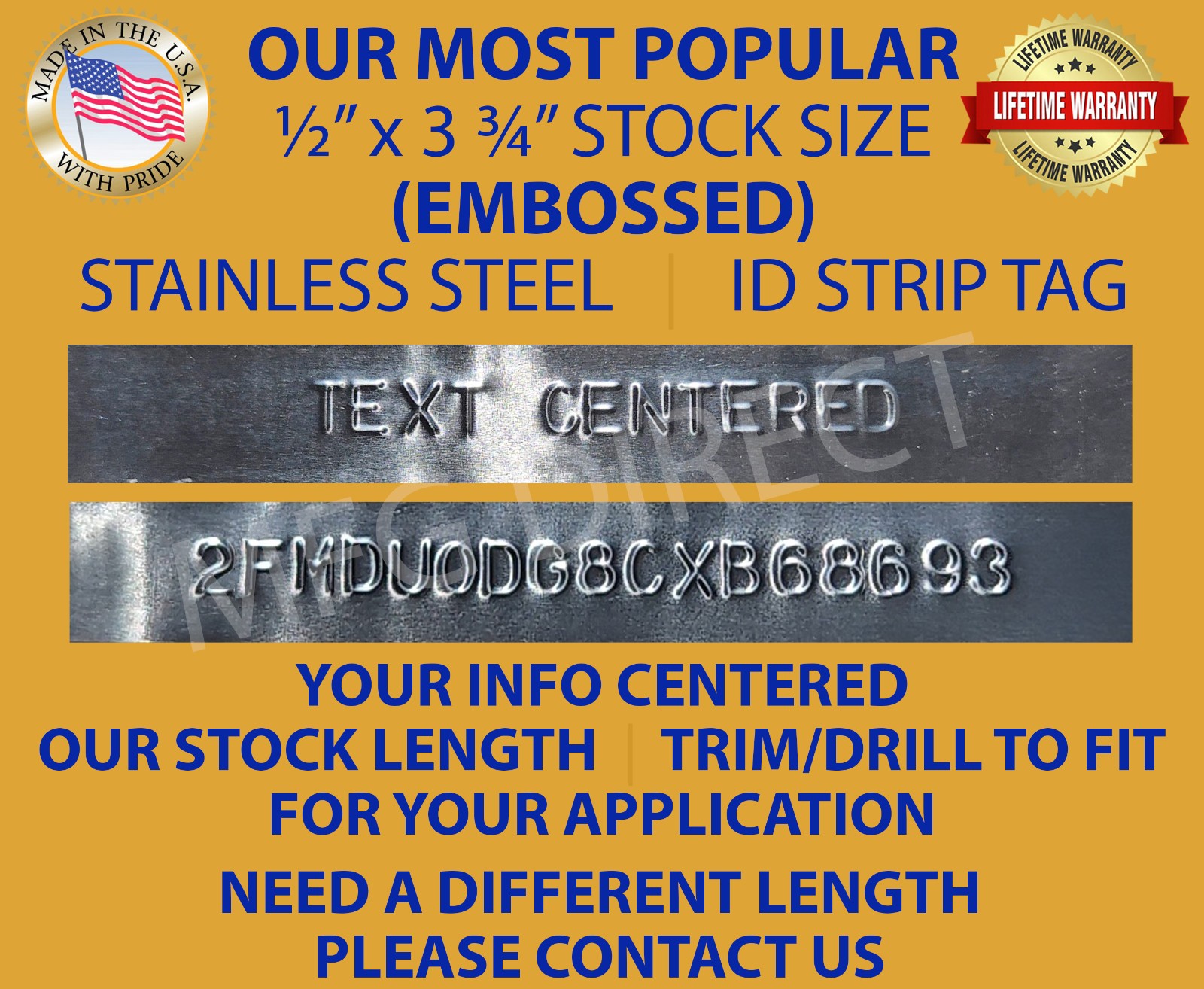 EMBOSSED SERIAL NUMBER ID TAG DATA PLATE 3 3/4 X 1/2 0.012 STAINLESS STEEL USA
