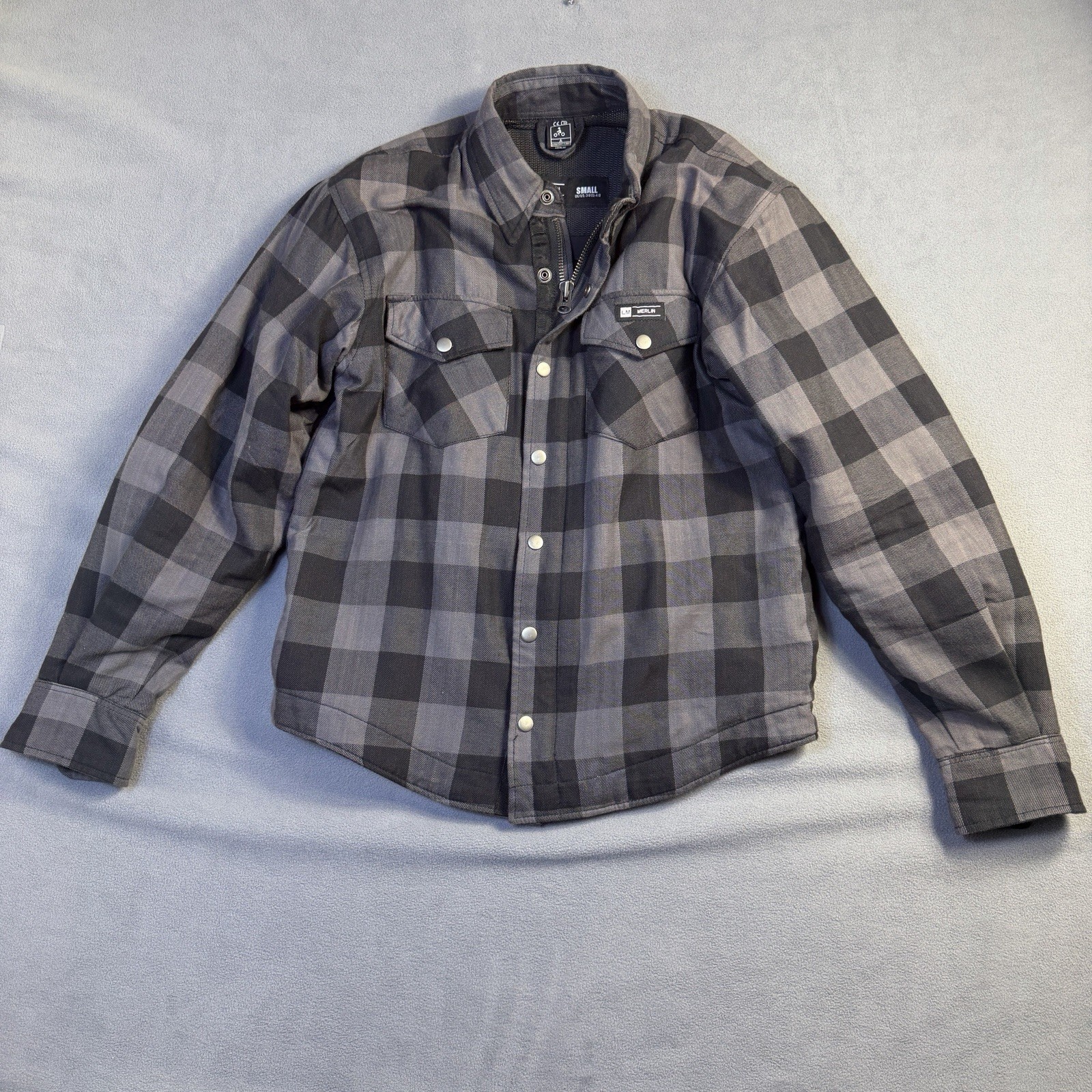 Merlin Axe Moto Jacket Men's Small Black Gray Plaid Shoulder Armour Button Zip Merlin Axe Moto Jacket Men's Small Black Gray Plaid Shoulder Armour Button Zip